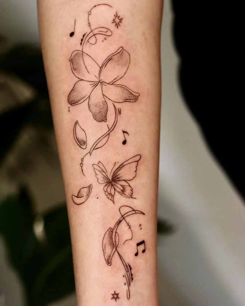 Musical Bufferfly and Flowers by Angel. Fine Line, Floral, Botanical.