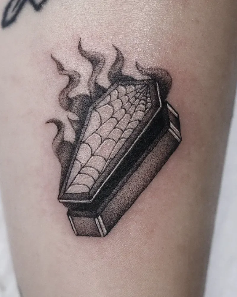 Flaming Coffin by Sam. Darkwork, Edgy.